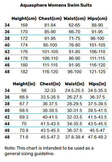 2025 Aquasphere Womens Swim Suits 0 Size Chart